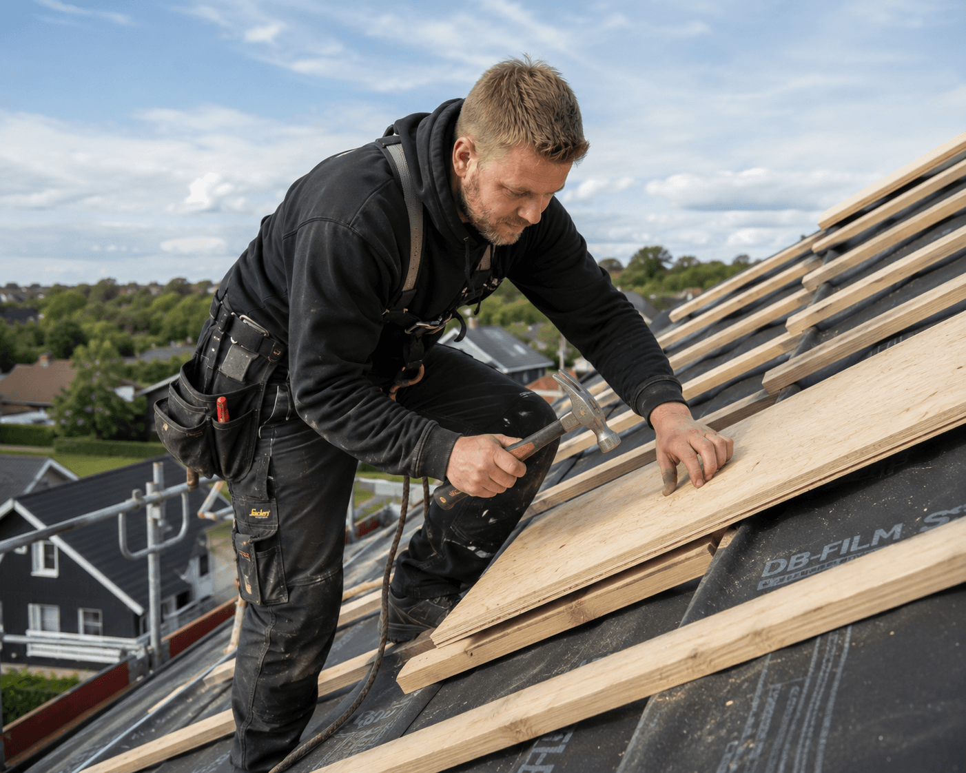 Dansk tømrer i arbejdstøj arbejder koncentreret på et byggeprojekt.