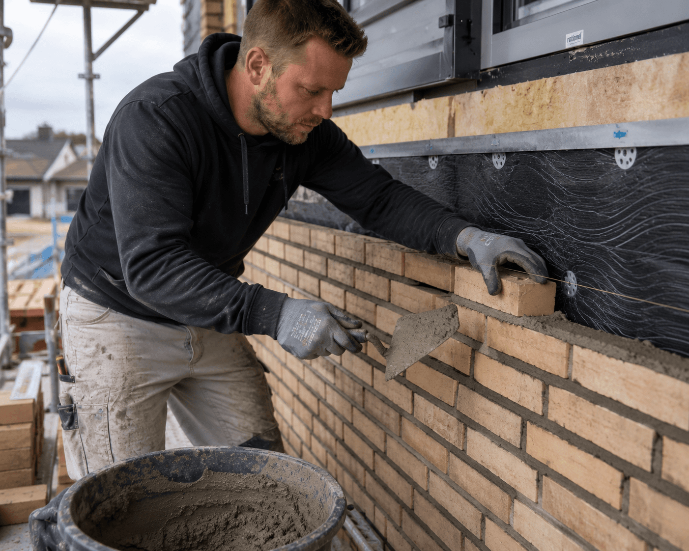 Murer i arbejde Murer arbejder med mursten og mørtel på et byggeprojekt.