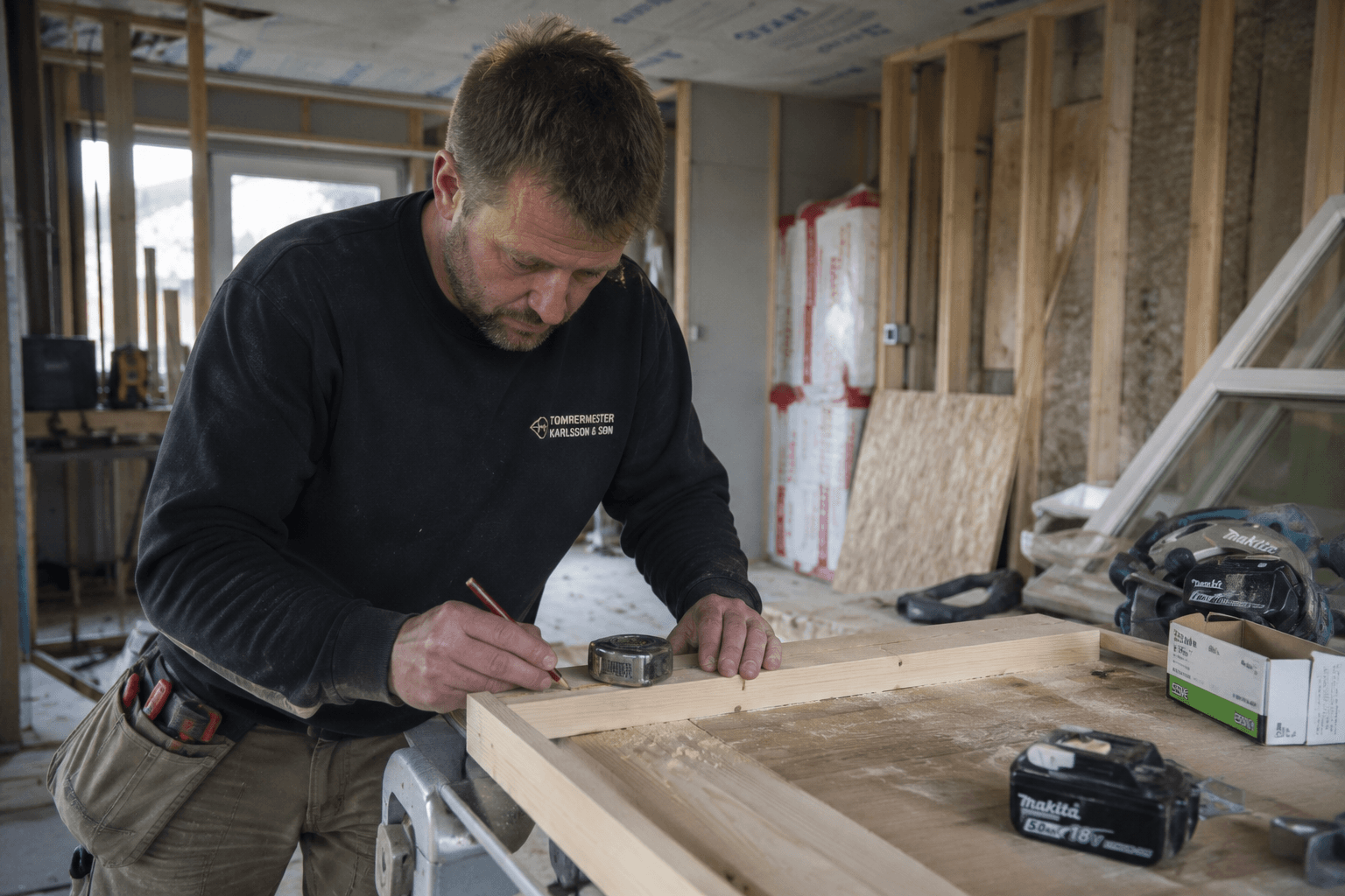 Entreprenør-projekt under opførelse Håndværker arbejder på en trækonstruktion under et større byggeprojekt.