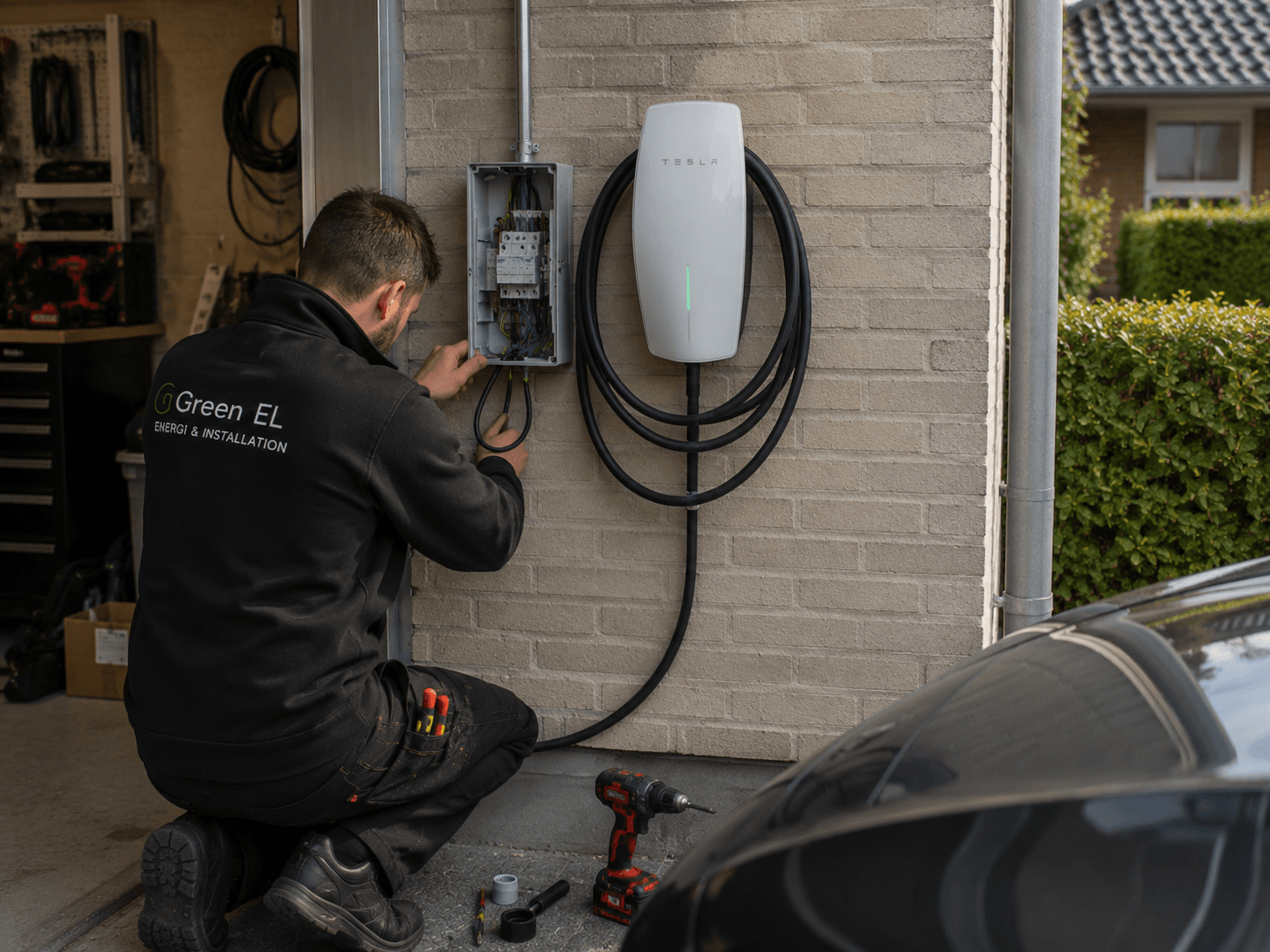 Tesla ladestander til elbil monteret i privat garage